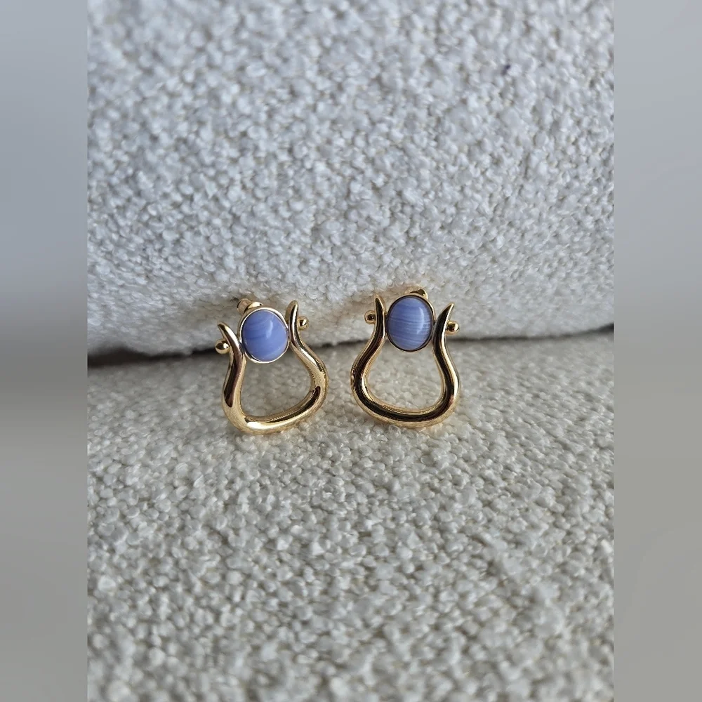 Anthropologie, Stone Horseshoe Earrings, Gold/Blue, MSRP $48